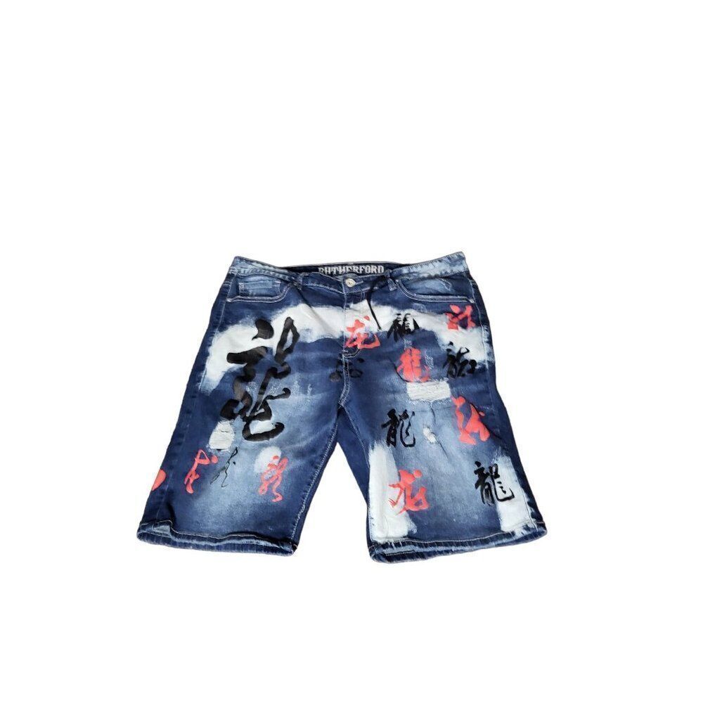 Rutherford Shorts Men Sz 36 Blue Denim Engineered Slim‎ Fit Streetwear Graffiti
